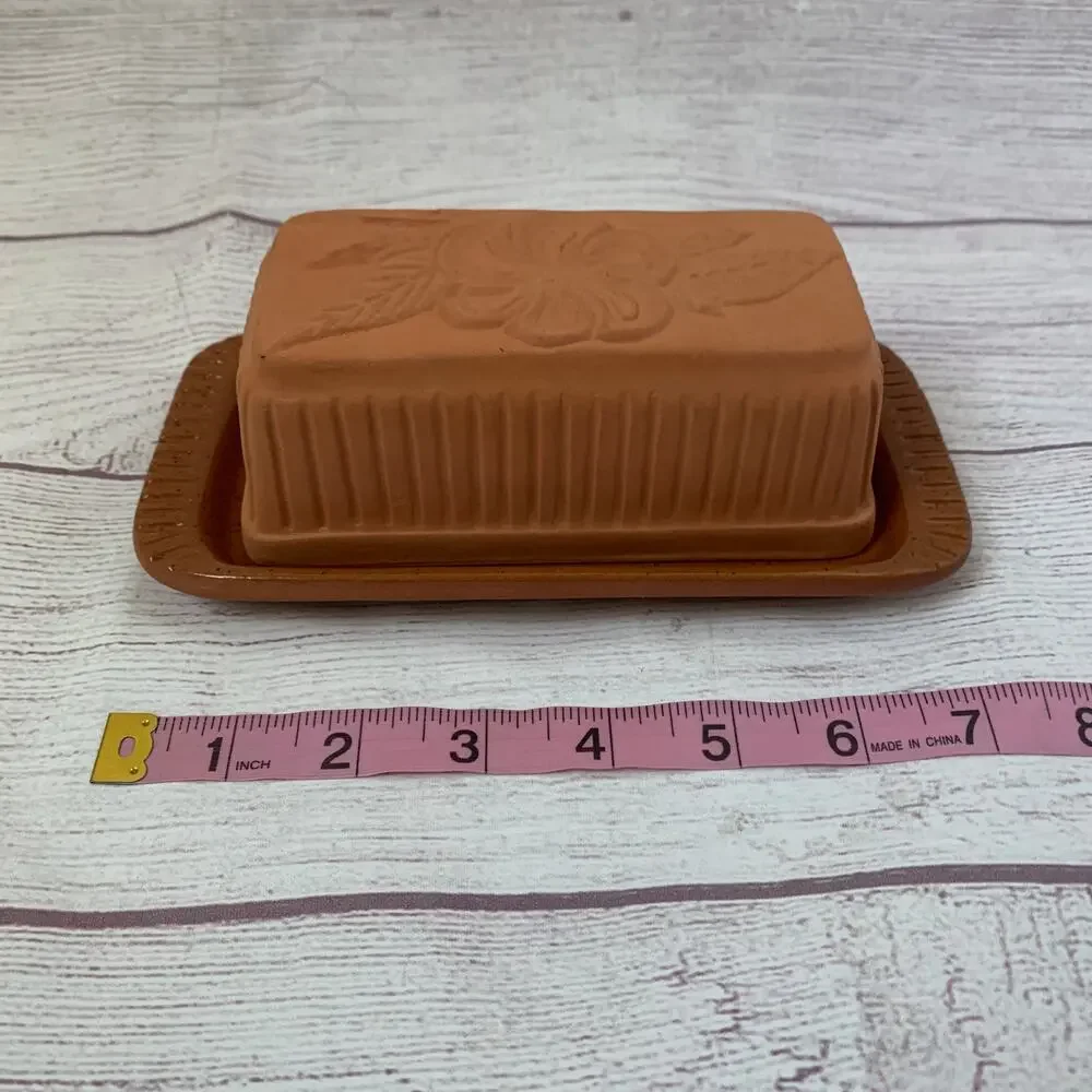 Vintage Terracotta Butter Dish Floral Textured Lid by American Container Co.